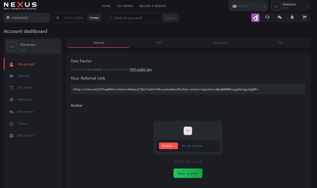 Nexus Market dashboard – encrypted Tor access, Monero payments, and escrow security features